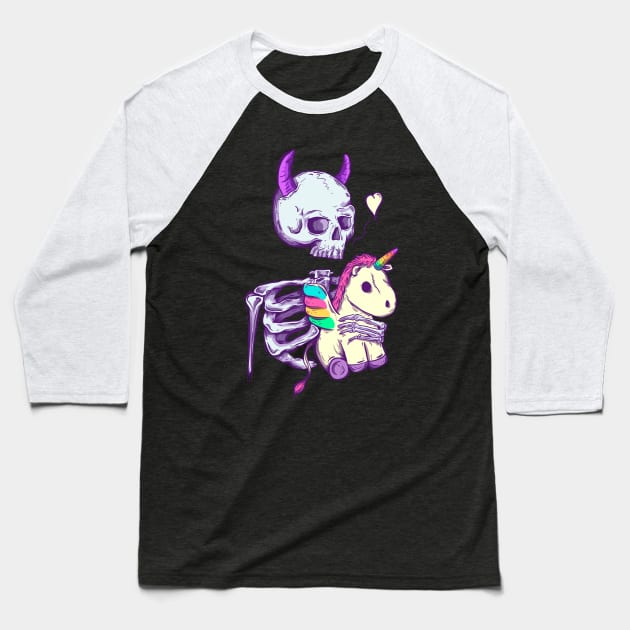 Cute skeleton holding unicorn Baseball T-Shirt by Jess Adams